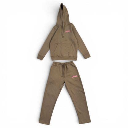 LashOut Pink Embroidery Tracksuit – Soft Latte