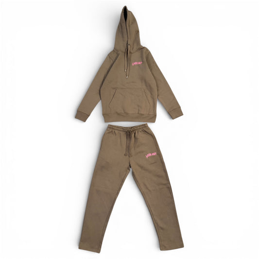 LashOut Pink Embroidery Tracksuit – Soft Latte